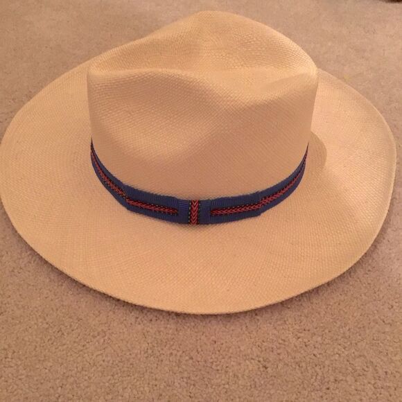 Authentic Vintage Panama Straw Fedora Hat with Blue and Red Band - Picture 3 of 4